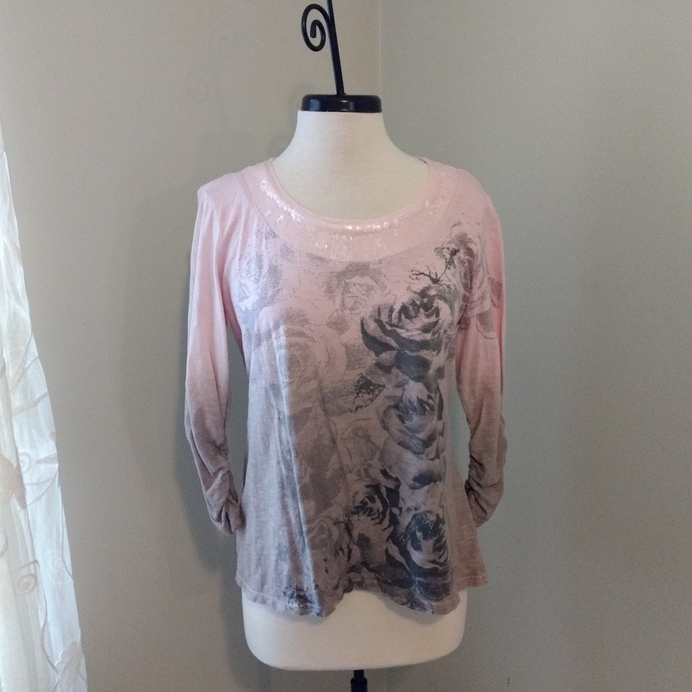 Style & Co Pink to Taupe Sequin Neck Floral Top